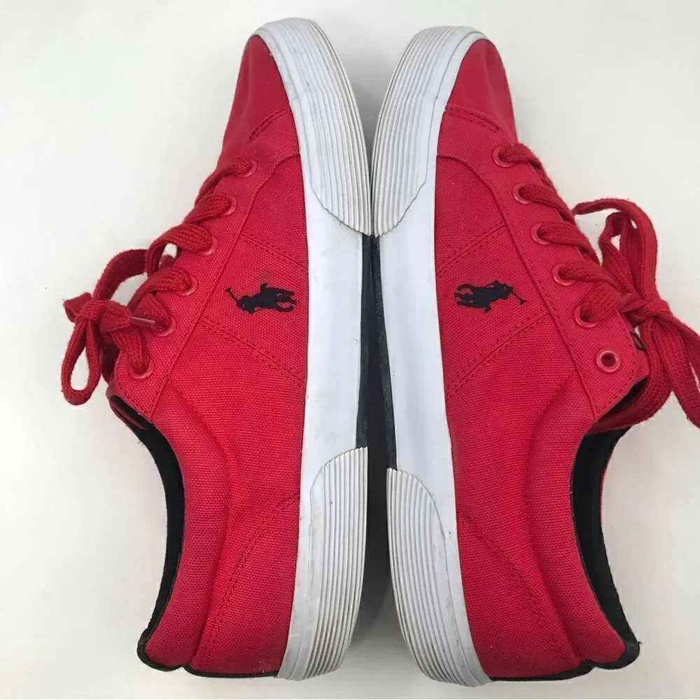 Polo Ralph Lauren Red Canvas Lace Up Deck Boat Shoes with Black Logo